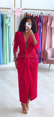 Vestido Bárbara vermelho com bolinhas douradas - Natal