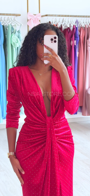 Vestido Bárbara vermelho com bolinhas douradas - Natal