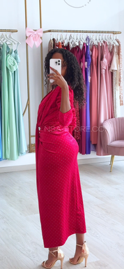 Vestido Bárbara vermelho com bolinhas douradas - Natal